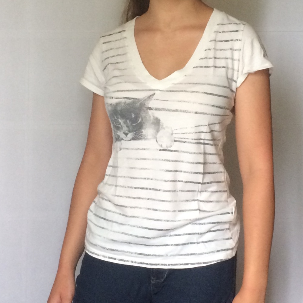 Gray and white striped cat tee shirt
